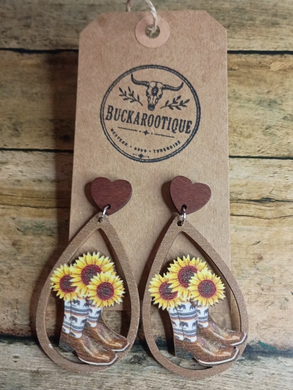 Sunflower Cowboy Boot Teardrop Earrings Western Rustic Boho Rodeo Dangles